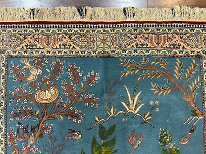 Persian Qum Pictorial Rug Vintage 5x7 Hand Knotted Wool and Silk