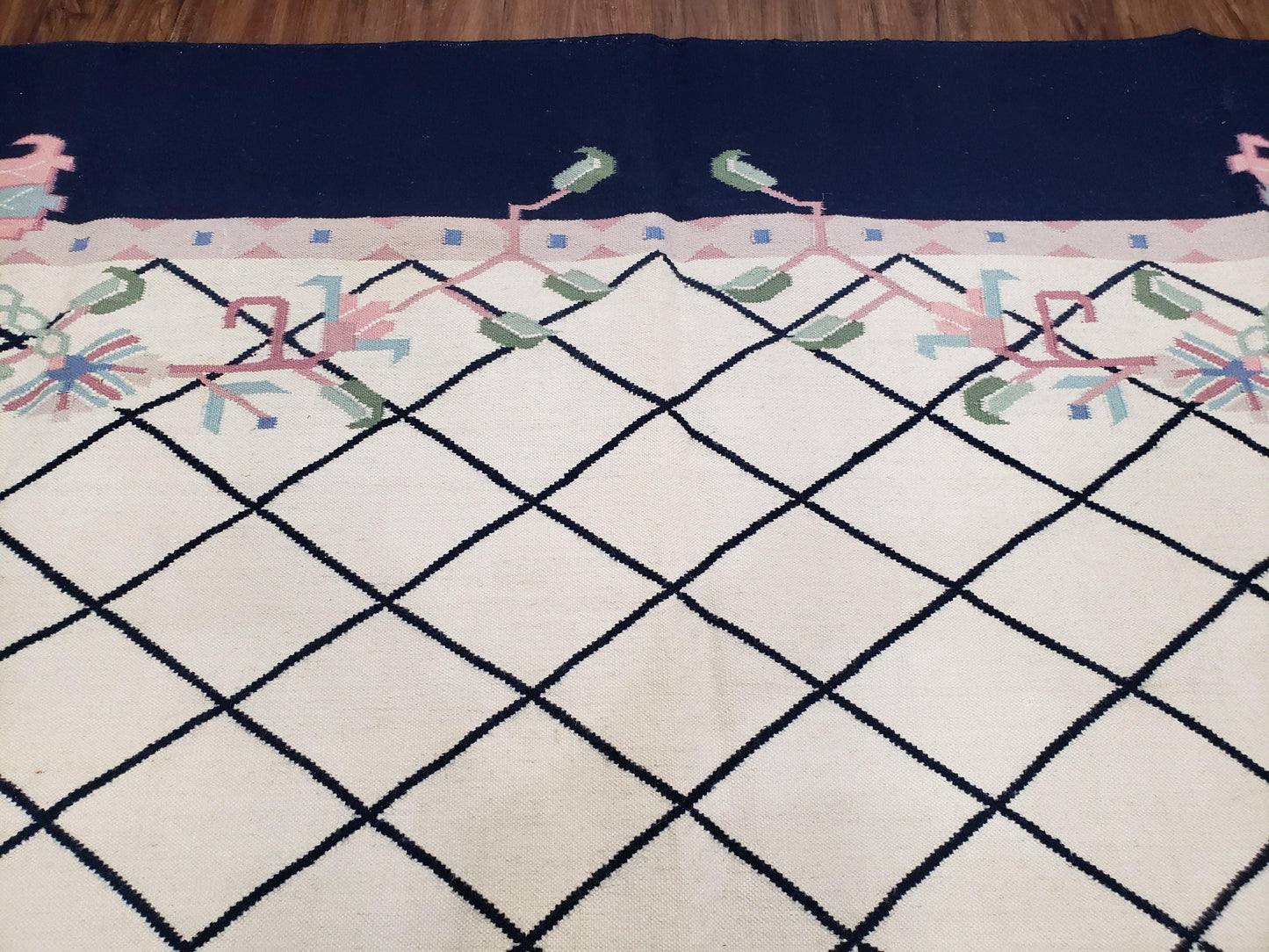 Vintage Wool Dhurrie Rug Handwoven Indian Kilim Flatweave Black White