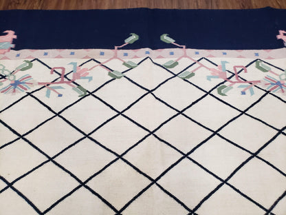 Vintage Wool Dhurrie Rug Handwoven Indian Kilim Flatweave Black White