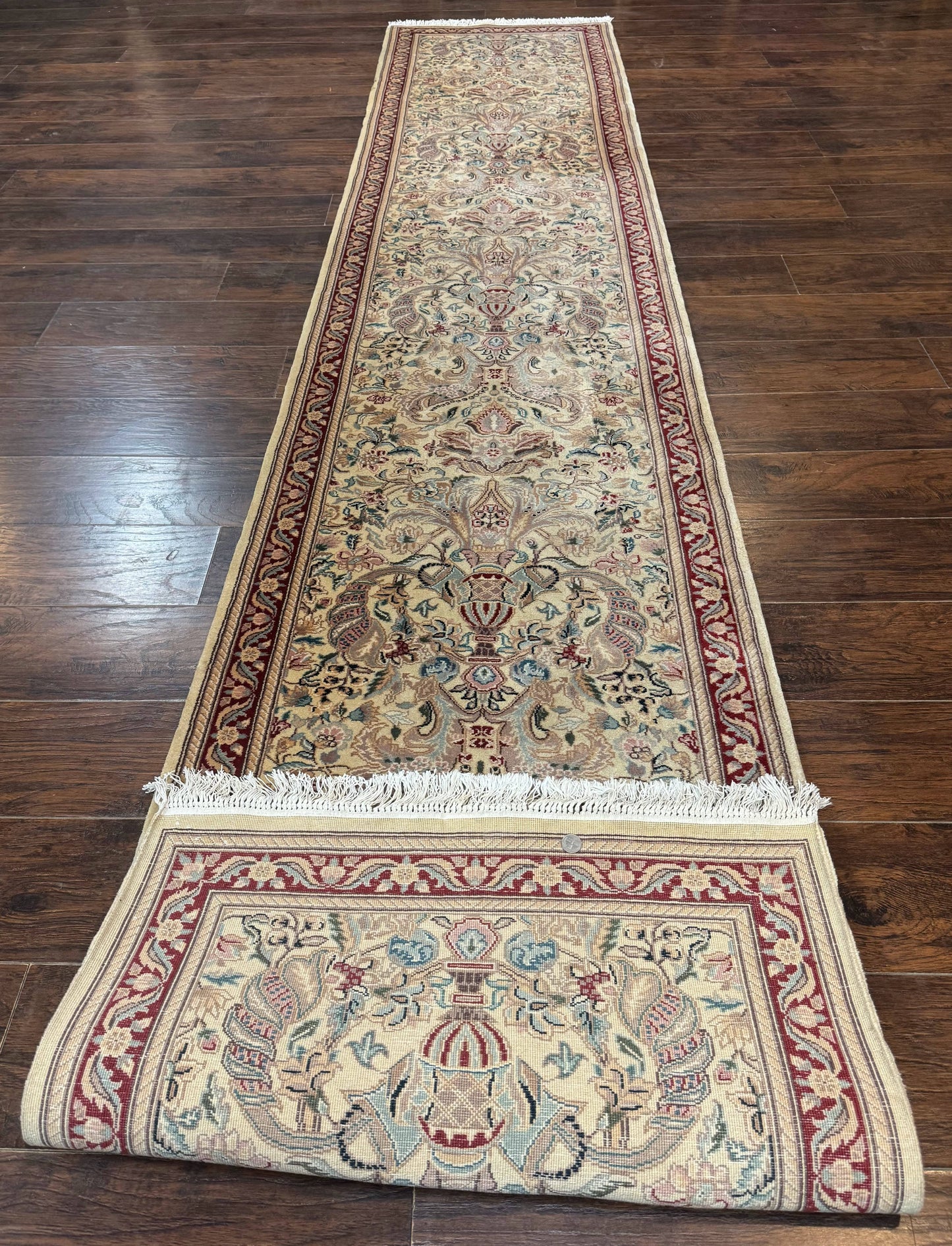 Pakistani Runner Rug 2.8 x 14 Handmade Wool Cream Floral Hallway Accent