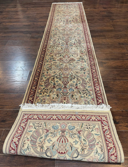 Pakistani Runner Rug 2.8 x 14 Handmade Wool Cream Floral Hallway Accent