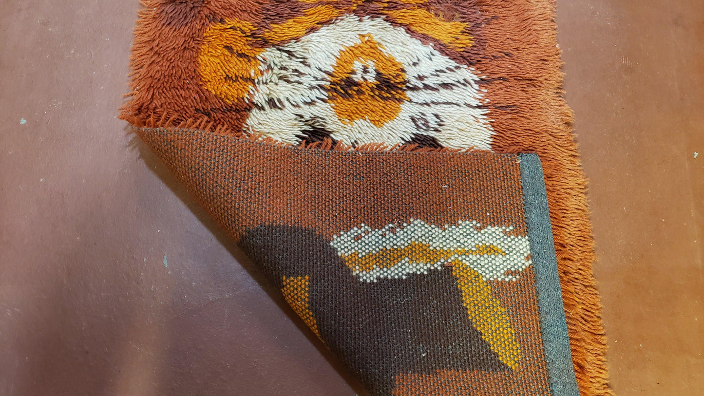 Rya Shag Rug 2x3 Mid Century Modern Danish Wool Accent Rug Dark Orange 1960s Style