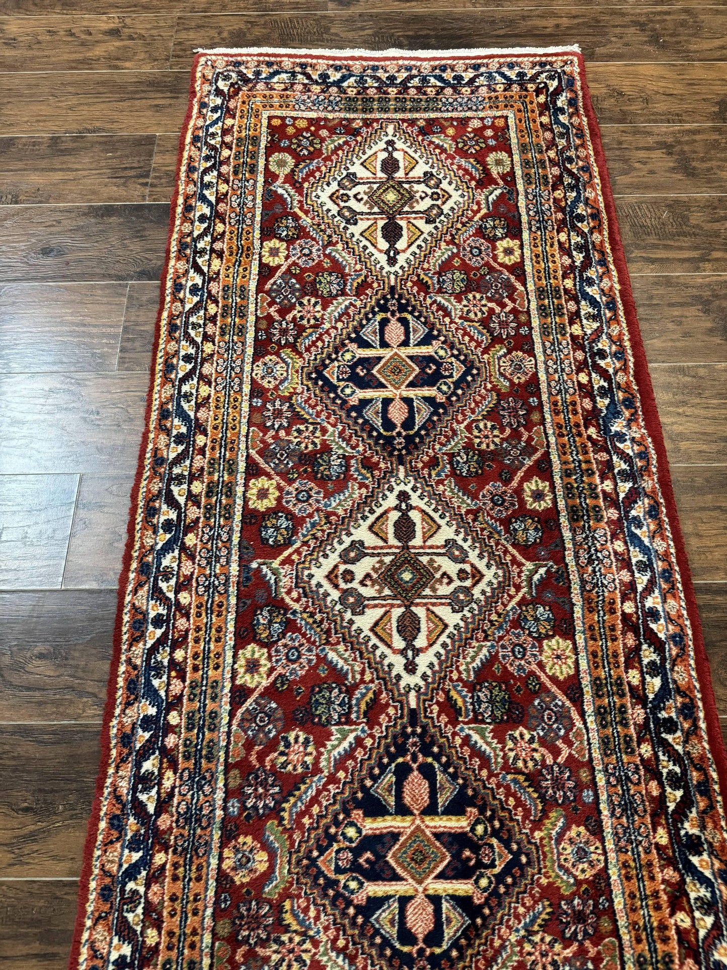 Persian Qashqai Runner Rug 3x13 Wool Hand Knotted Red Ivory Blue Geometric Medallions