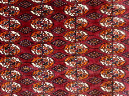 Persian Turkoman Rug 7x9 Antique Red Tribal Carpet With Gul Motif And Geometric Borders