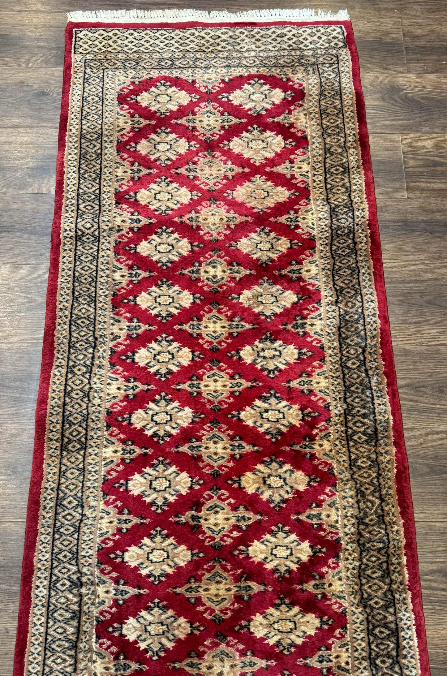 Pakistani Runner Rug 2.8x7.6 Red Turkoman Bokhara Runner Vintage Hand Knotted Wool