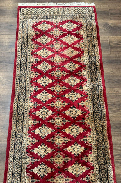 Pakistani Runner Rug 2.8x7.6 Red Turkoman Bokhara Runner Vintage Hand Knotted Wool