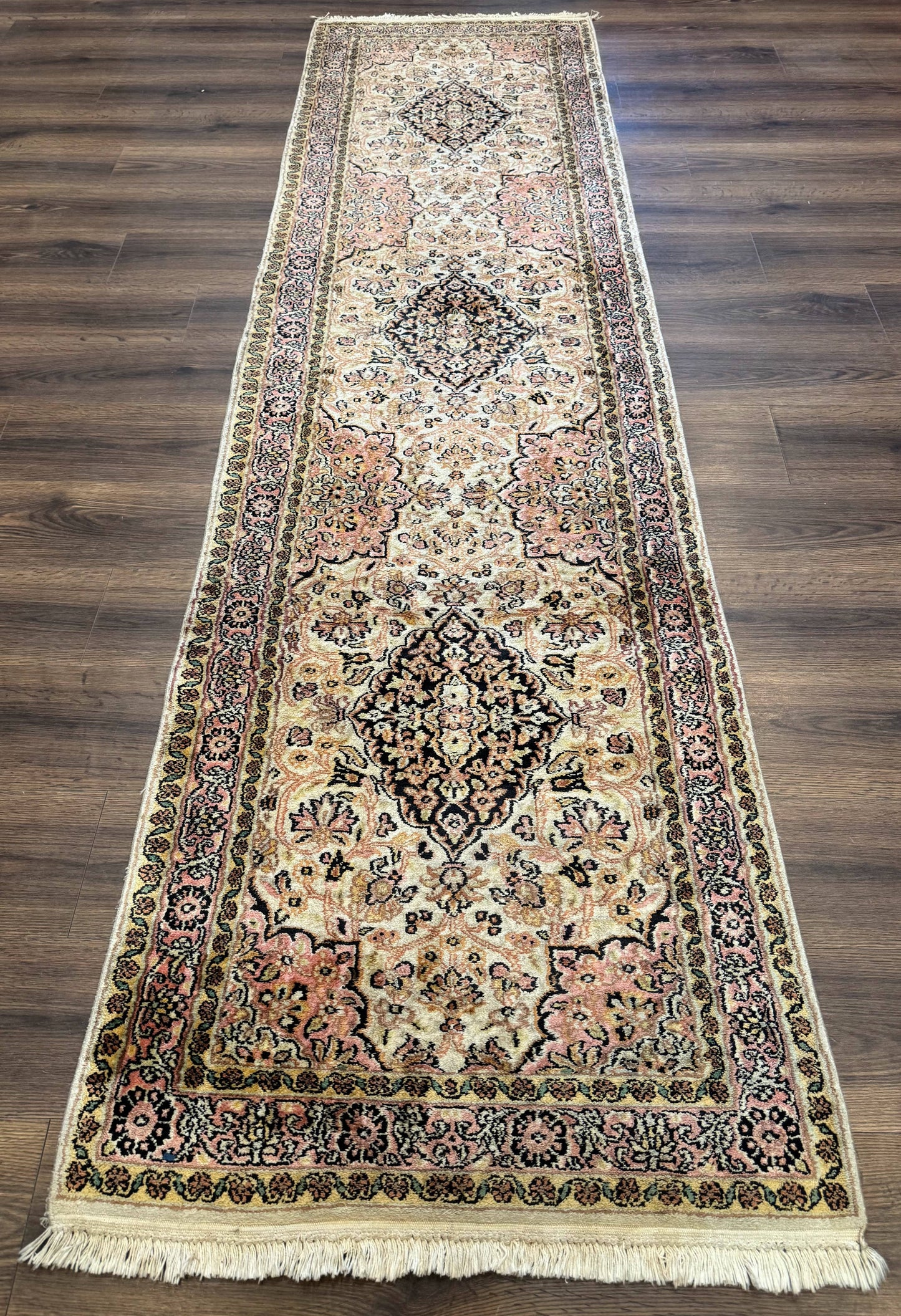 Silk Indian Kashmiri Runner Rug 2.7 X 9.8 Hand Knotted Floral Medallions