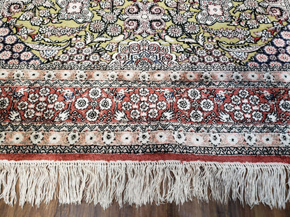 Kashmiri Silk Rug 5x8 Indian Handmade With Gold Threads Luxury Vintage Style