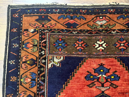 Persian Nahavand Rug 3x6 Geometric Medallion Village Tribal Design In Terracotta And Navy