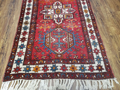 Antique Persian Heriz Karajeh Runner Rug Hand Knotted Wool Red 3 Ft 3 In By 10 Ft 11 In