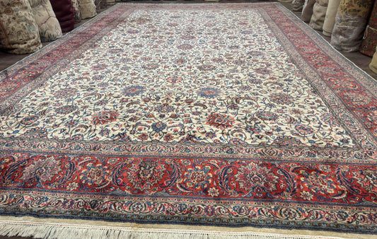 Ivory Persian Sarouk Rug 13x20 Palace Size Handmade Wool Vintage Allover Pattern