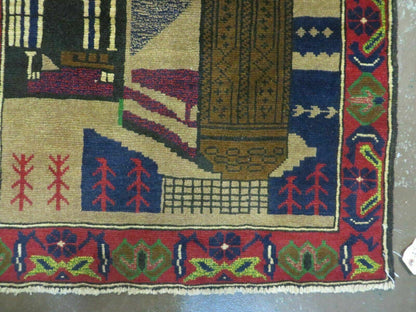 Afghan Balouch Pictorial Wool Rug Handmade Vintage Tribal 33 By 51 Inches