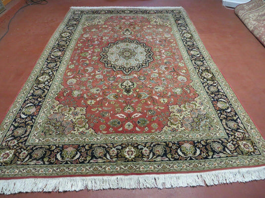 Persian Tabriz Rug 7x10 Hand Knotted Wool Silk With Floral Medallion Vintage Oriental Carpet Salmon Color 400 KPSI