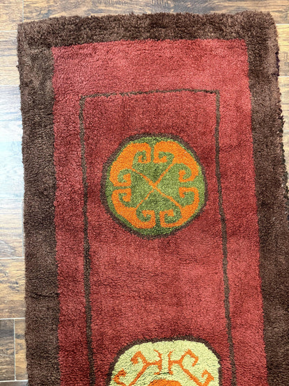 German Hooked Runner Rug 3x8 Vintage Wool Handmade Red Authentic Antique Style