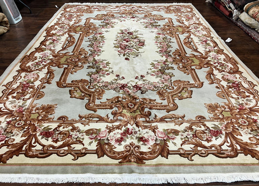 Aubusson Rug 10x13 Hand Knotted Wool Carpet Cream Mint Green French Savonnerie Vintage