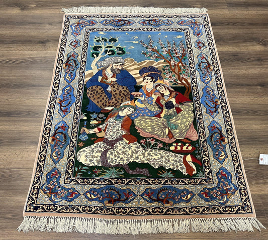 Isfahan Pictorial Rug Fine Persian Hand Knotted Blue Silk Foundation 3.7 x 5 Semi Antique