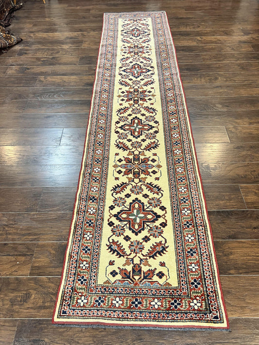 Afghan Heriz Runner Rug Vintage Hand Knotted Wool Cream Hallway Carpet 12ft