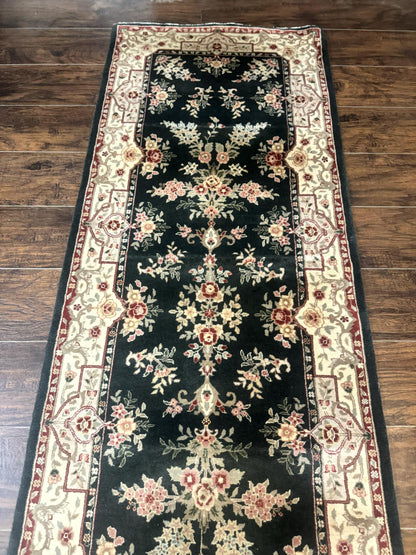 Persian Runner Rug Handmade Wool Floral Allover 2.7x21 Dark Green Beige Hallway Runner