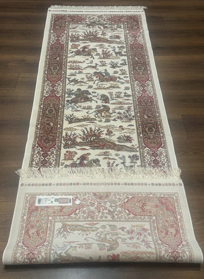 Turkish Silk Runner Rug 2.6 x 8 Ivory Bamboo Silk Hunting Design