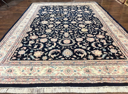 Indo Persian Rug 9x12 Wool Handmade Floral Allover Navy Ivory Vintage Carpet