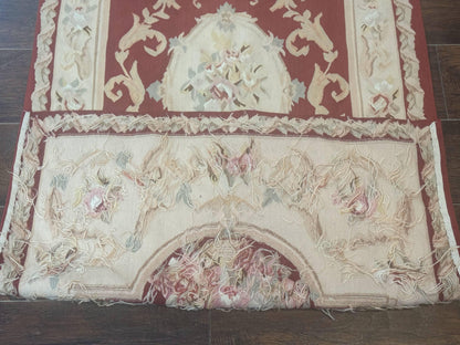 Aubusson Runner Rug 3x10 Handmade Wool European Design in Red and Beige