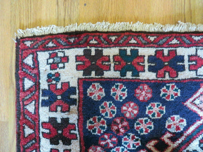Persian Runner Rug 3.5 x 10.7 Navy Blue Karajeh Heriz Wool Geometric Medallions