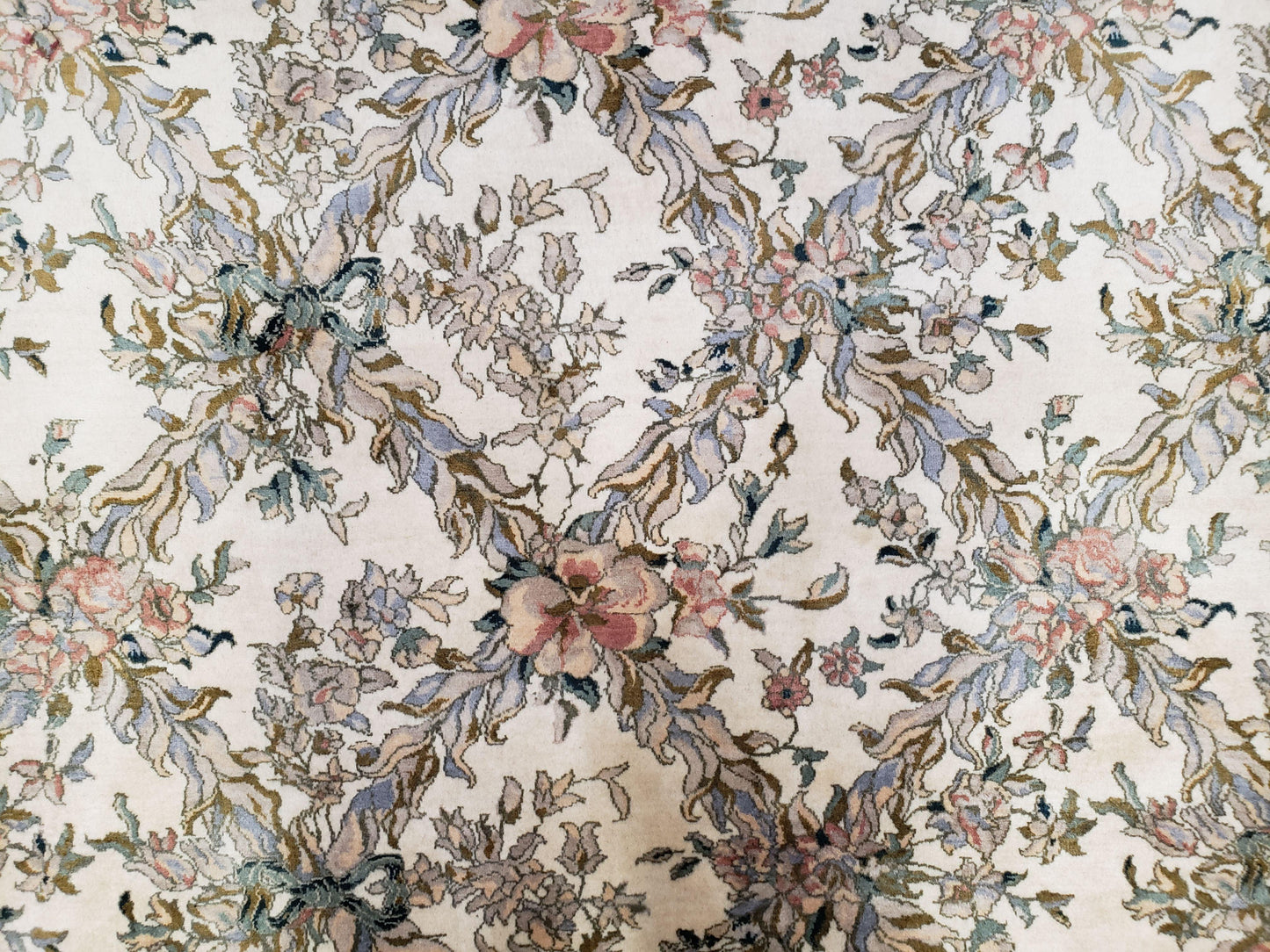 Pak Persian Floral Rug Hand Knotted Wool 11 x 12.6 Ivory Vintage