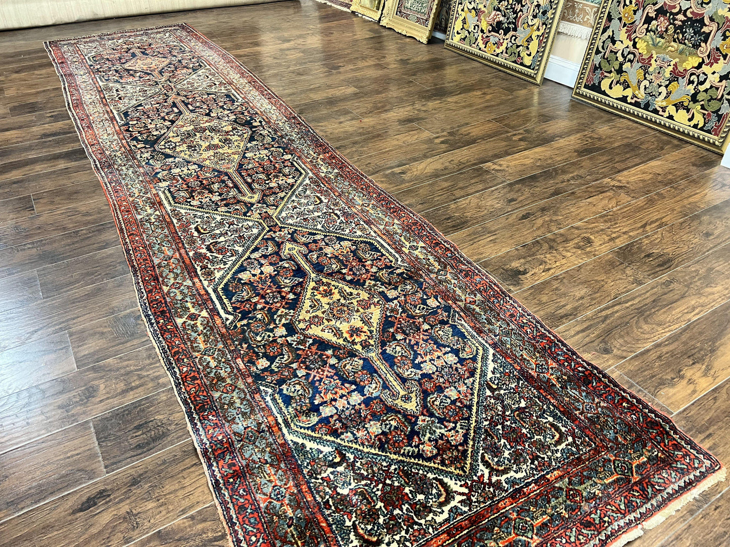 Persian Runner Rug Antique Hand Knotted Wool Geometric Medallions Hallway Decor