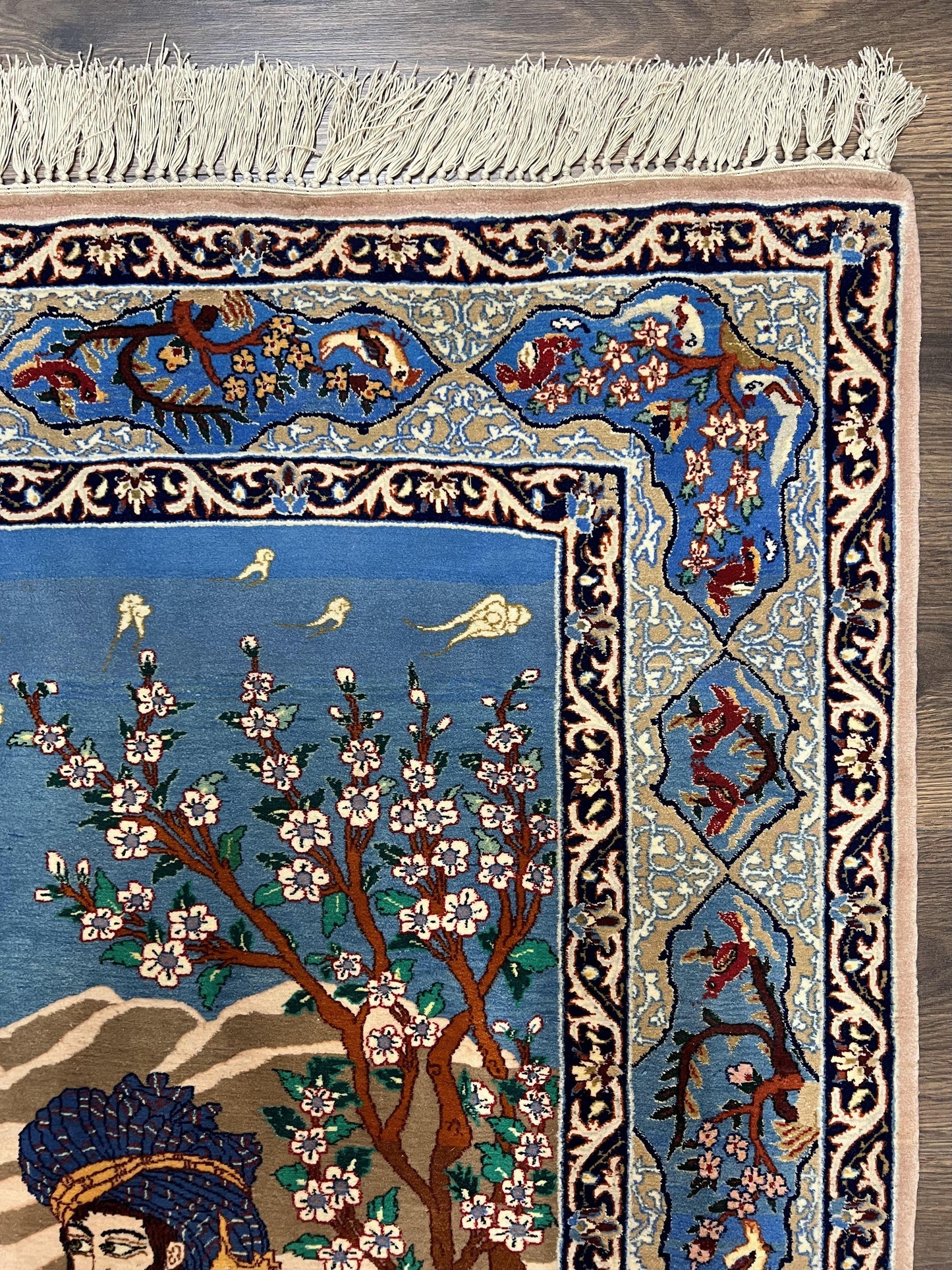 Isfahan Pictorial Rug Fine Persian Hand Knotted Blue Silk Foundation 3.7 x 5 Semi Antique