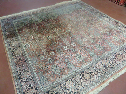 Vintage Indian Silk Rug Kashmir Handmade 6x6 Square Carpet