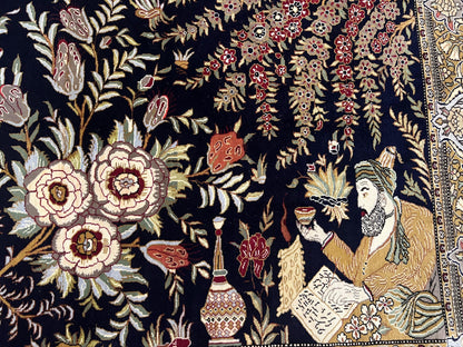 Persian Qum Pictorial Rug With Layla Majnun Birds In Garden Scene 4.8 By 6.5