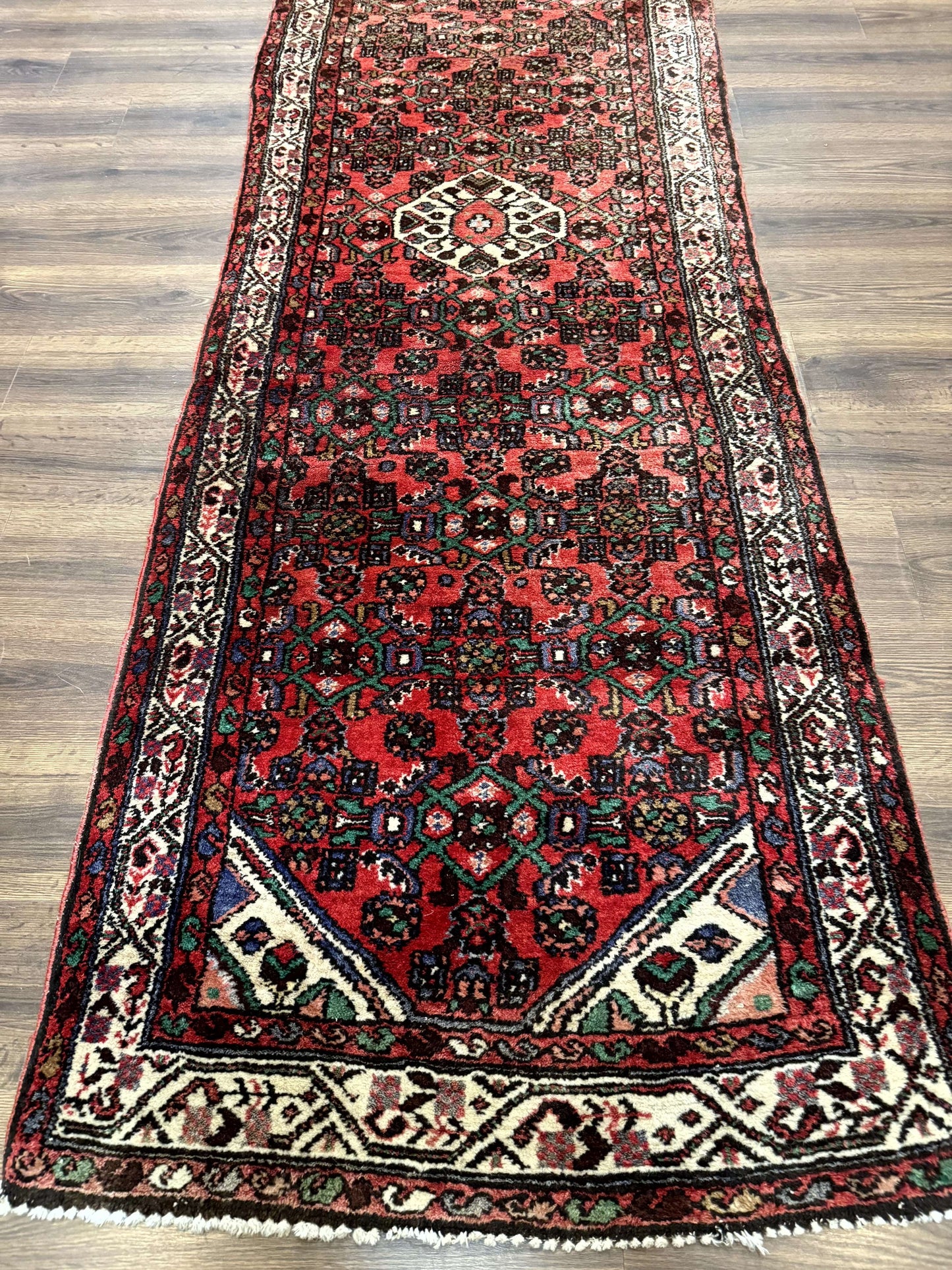 Persian Hamadan Runner Rug 3x10 Wool Hand Knotted Red And Ivory Hallway