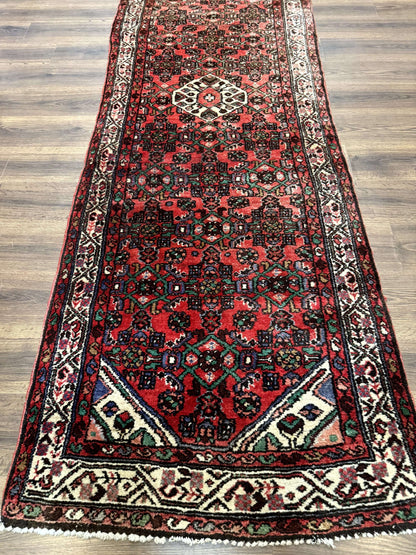 Persian Hamadan Runner Rug 3x10 Wool Hand Knotted Red And Ivory Hallway