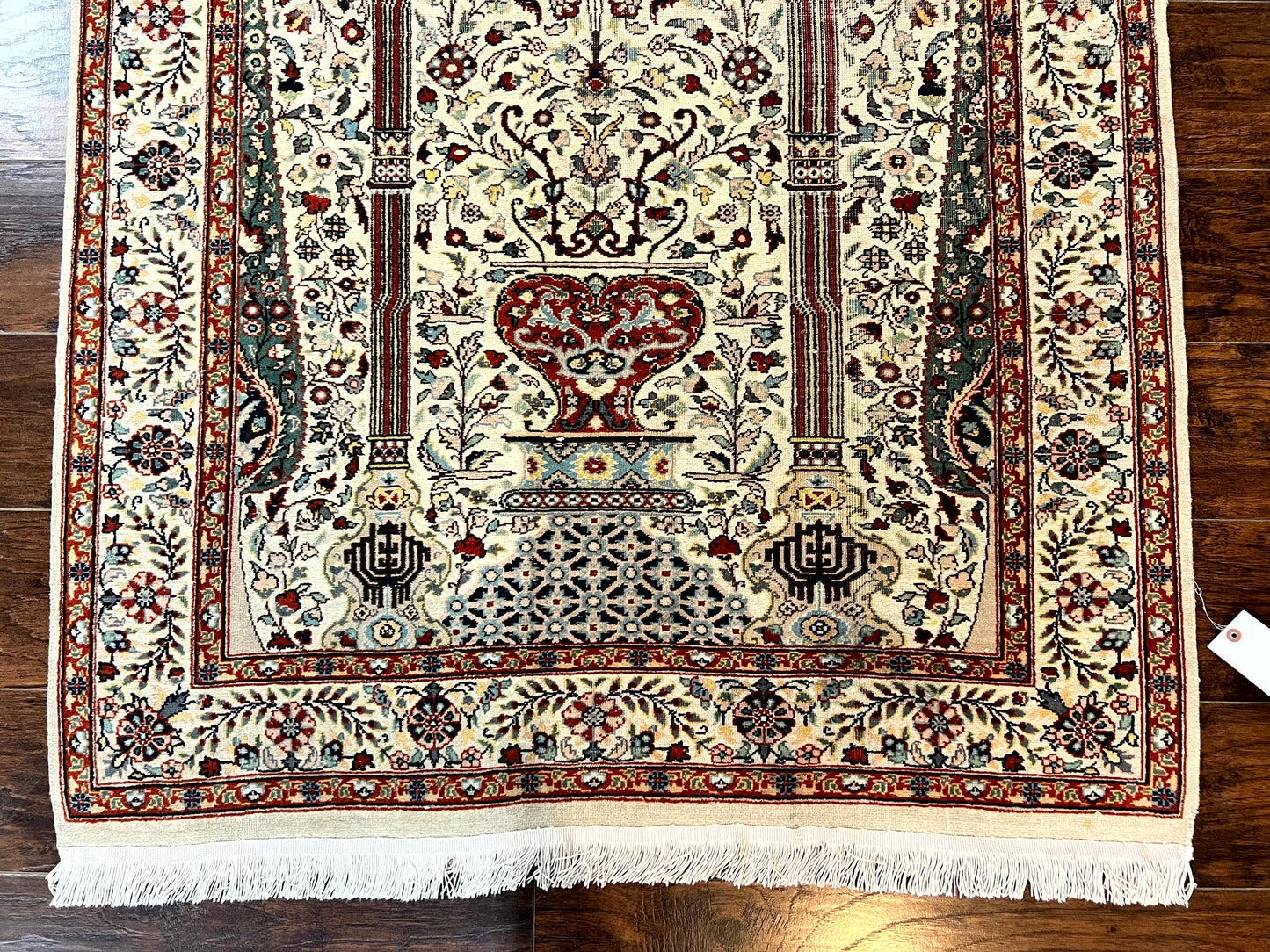 Persian Prayer Rug 4x6 Tree of Life Hand Knotted Wool Beige Vintage