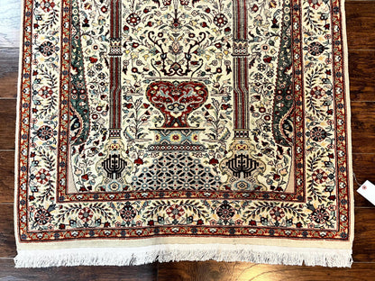 Persian Prayer Rug 4x6 Tree of Life Hand Knotted Wool Beige Vintage