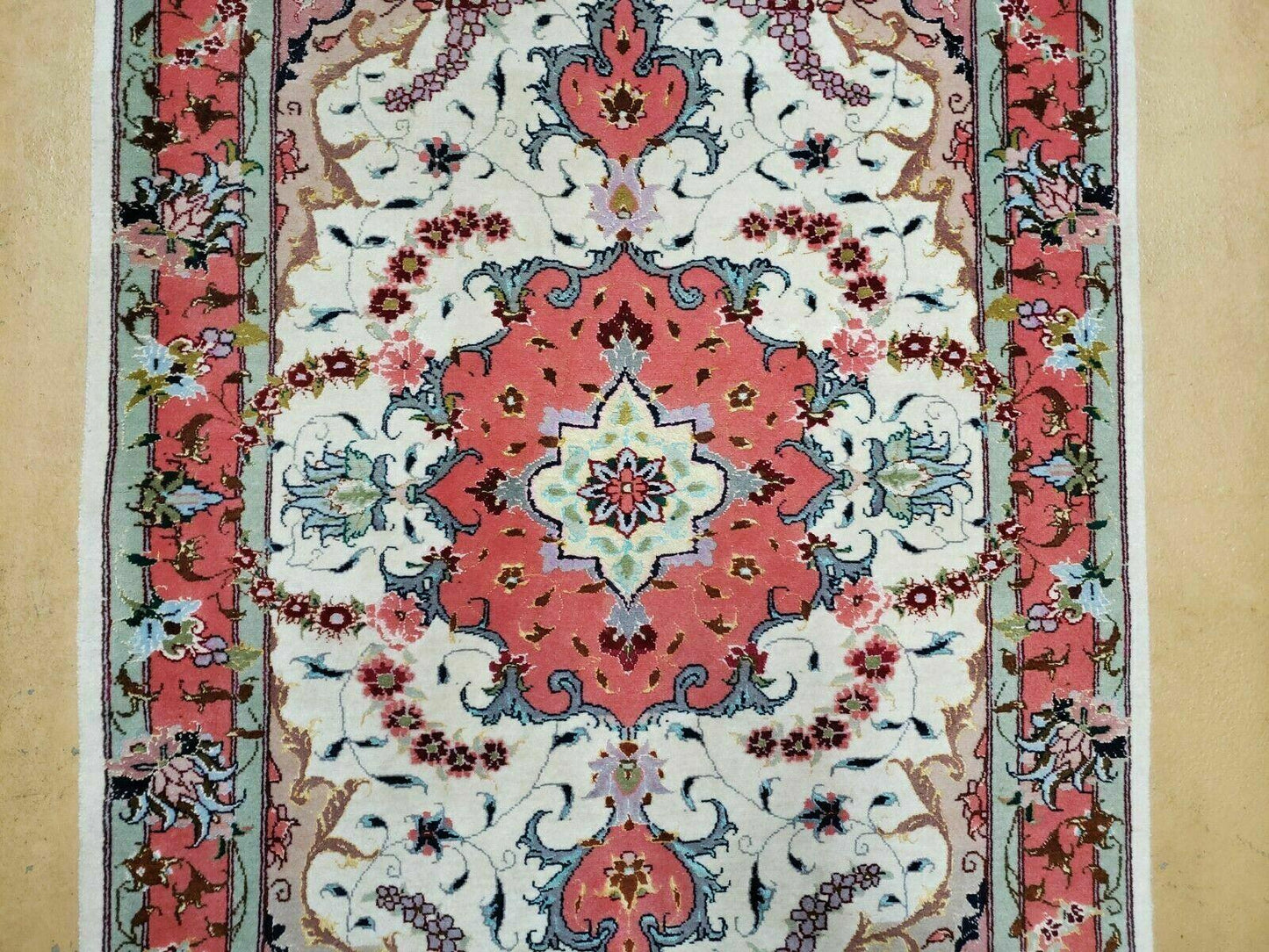 Vintage Persian Tabriz Wool Silk Rug 2.5 By 4 Ft Hand Knotted Medallion