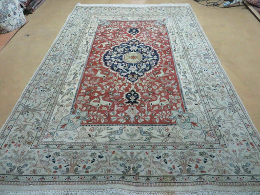 Vintage Indian Wool Rug Hunting Birds And Deer Oriental Floral Design 6 By 9