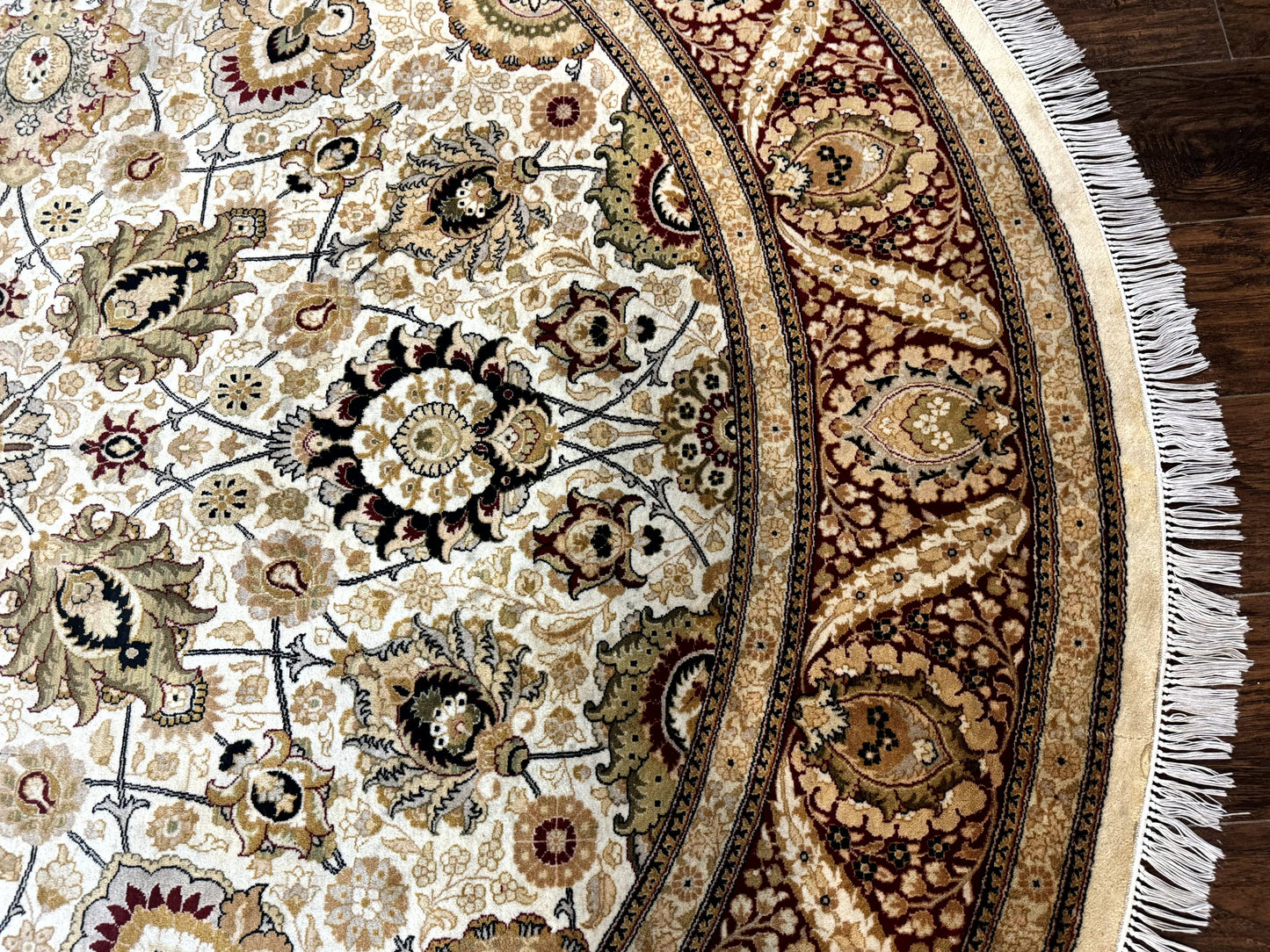 Round Persian Wool Rug 8x8 Handmade Vintage Carpet Beige Dark Red KPSI 270