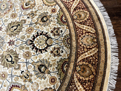 Round Persian Wool Rug 8x8 Handmade Vintage Carpet Beige Dark Red KPSI 270