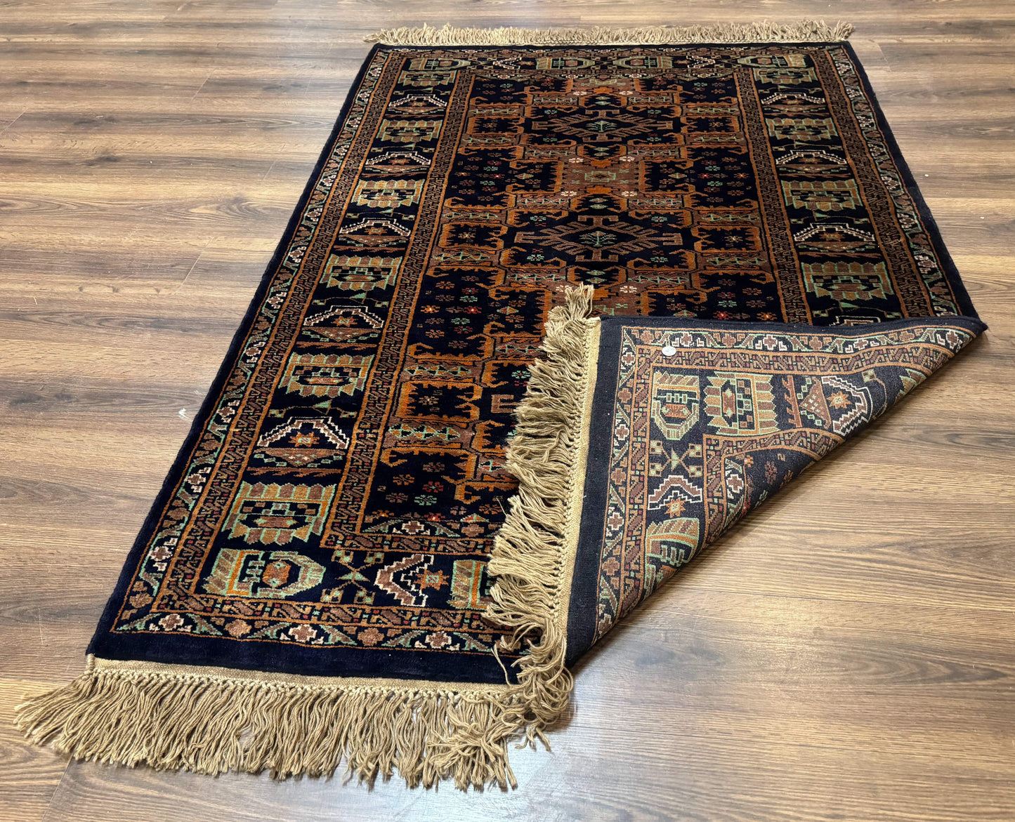 Vintage Afghan Rug 4x6 Hand Knotted Wool Geometric Medallions Navy Blue and Light Brown Tribal Style