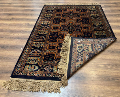 Vintage Afghan Rug 4x6 Hand Knotted Wool Geometric Medallions Navy Blue and Light Brown Tribal Style