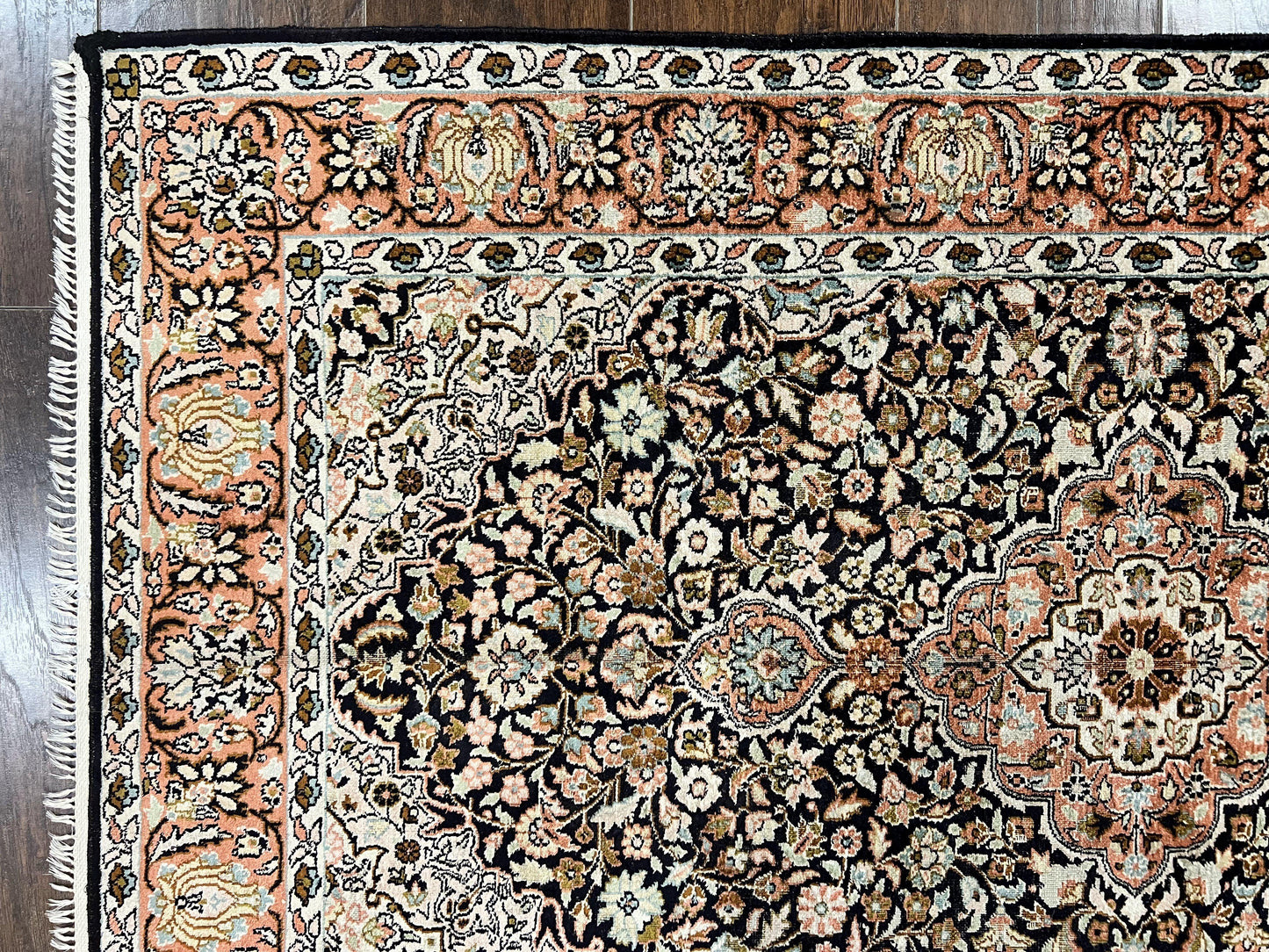 Kashmiri Silk Rug 3x5 Navy Blue Handmade Floral Medallion Indo Persian Silk