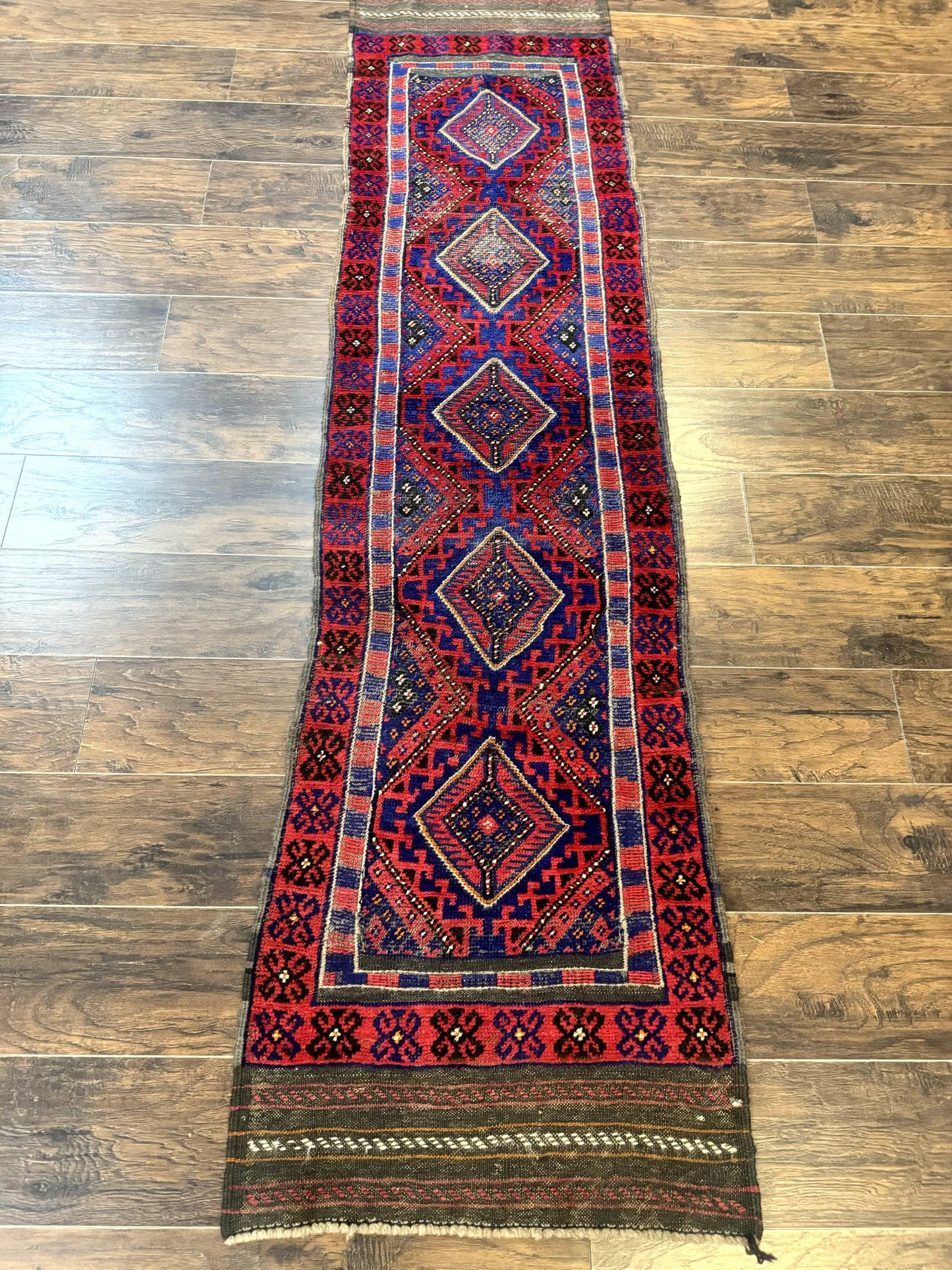 Turkoman Runner Rug 2x8.6 Handmade Wool Hallway Runner Vintage Red Blue