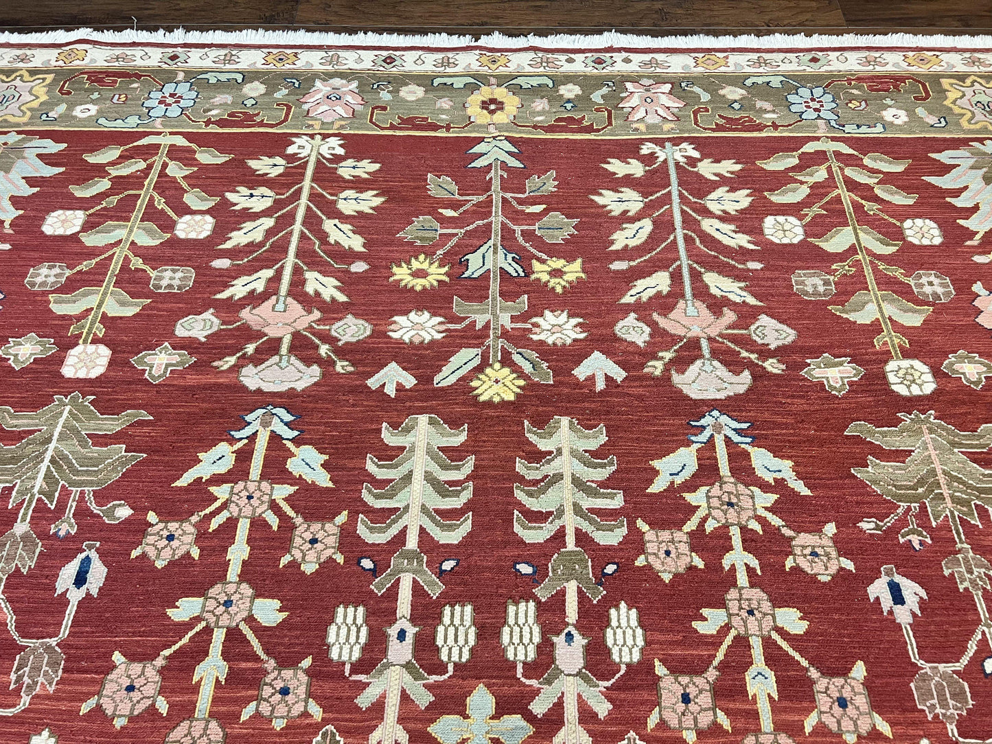 Wool Hand Knotted Indian Rug 10x14 Tree of Life Red Green Contemporary Carpet