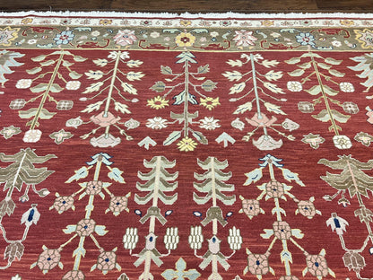 Wool Hand Knotted Indian Rug 10x14 Tree of Life Red Green Contemporary Carpet