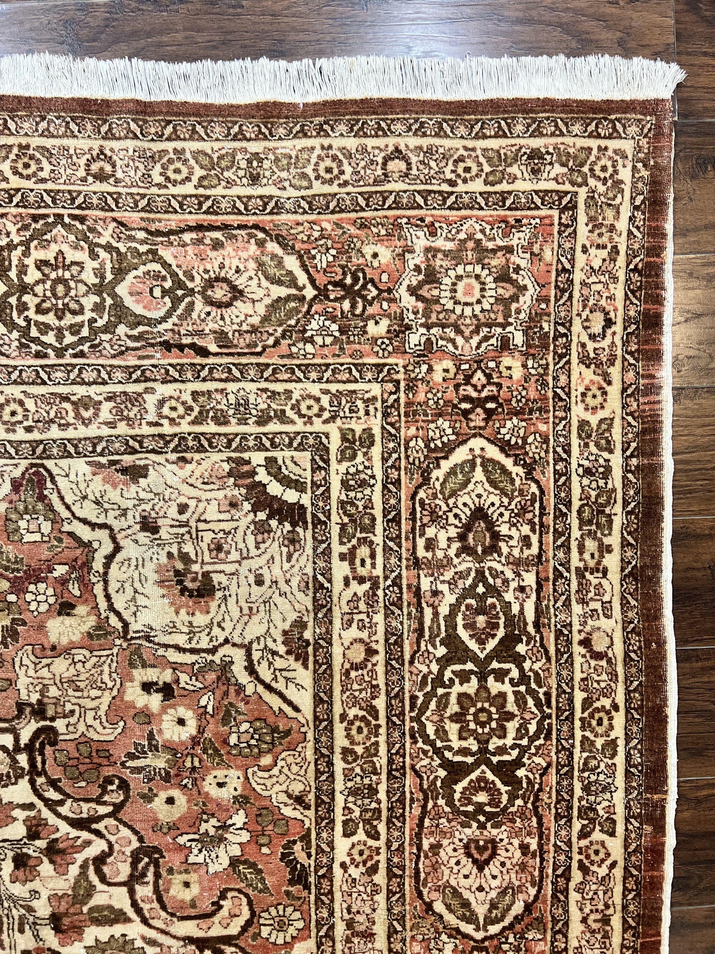 Antique Persian Tabriz Rug 10x12 Hand Knotted Wool Carpet Floral Medallion Beige and Light Red
