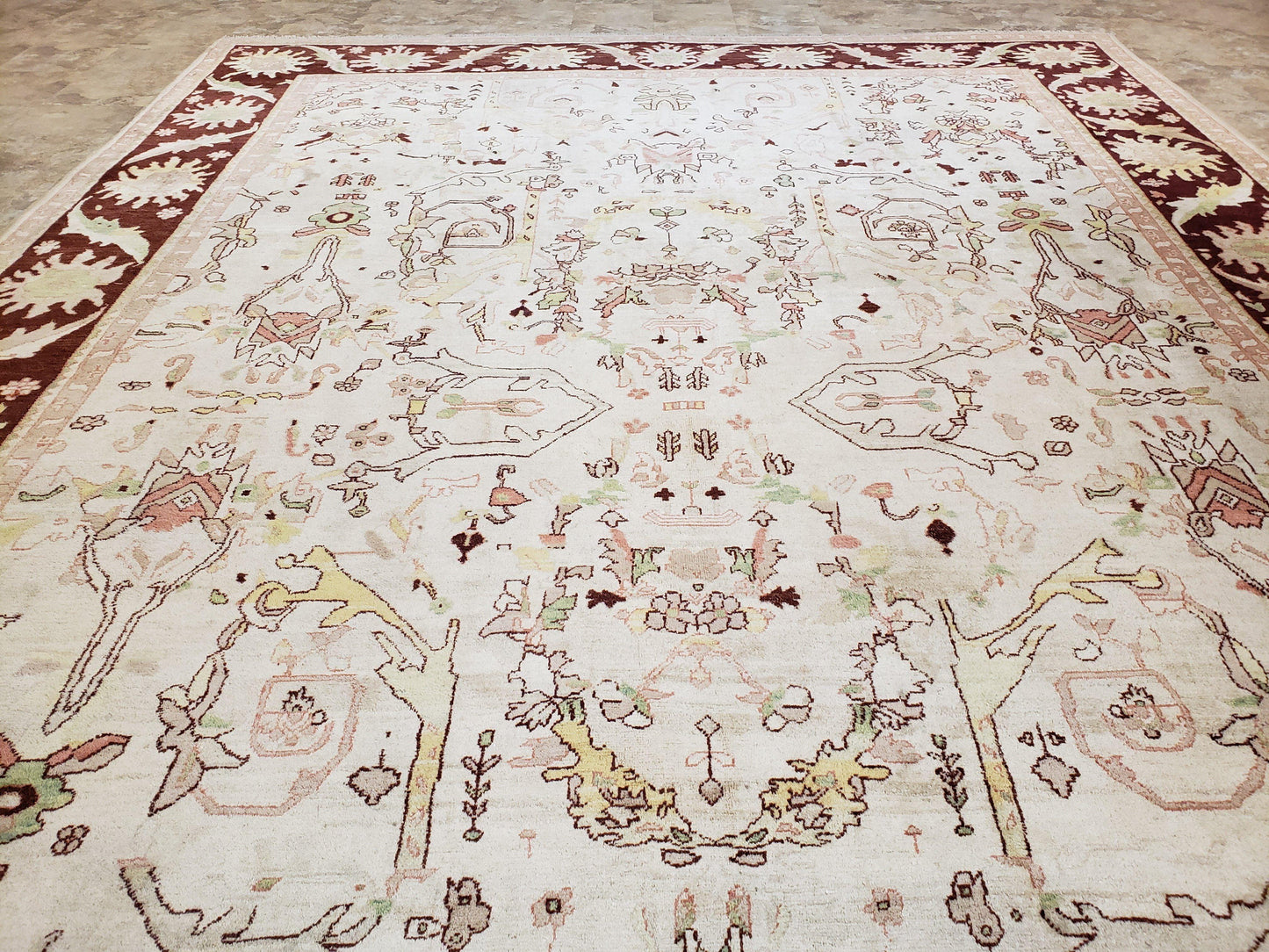 Peshawar Rug Hand Knotted Handmade Wool Oushak Style 10x15 Beige and Maroon Living Room Rug