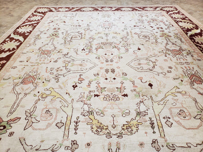 Peshawar Rug Hand Knotted Handmade Wool Oushak Style 10x15 Beige and Maroon Living Room Rug