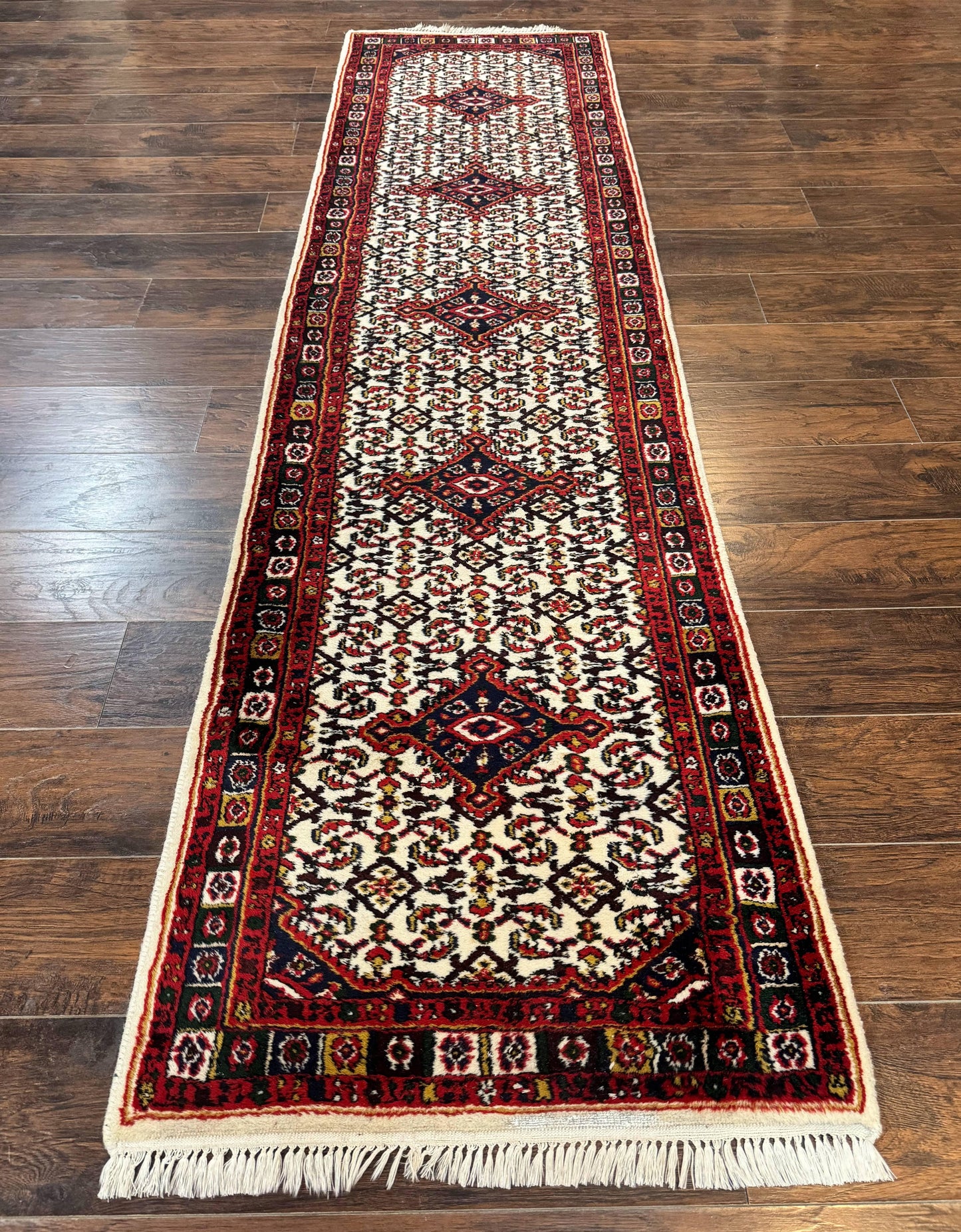 Indo Persian Bidjar Runner Rug Classic Wool Handmade Hallway Decor Ivory And Red Medallions