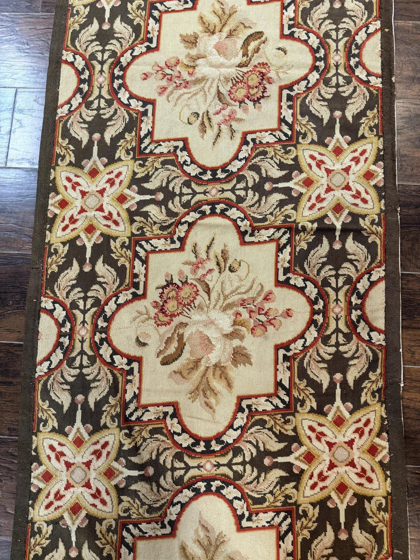 Needlepoint Runner Rug European French Design Handmade Wool Vintage